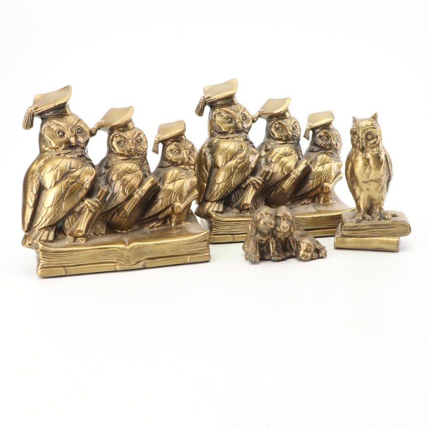 PM Craftsman Brass Finish Scholarly Owl Bookends with Owl and Dog Figurines