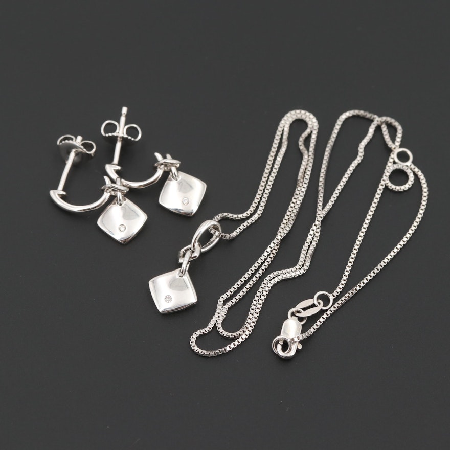 Sterling Silver Diamond Pendant Necklace and Dangle Earrings Set