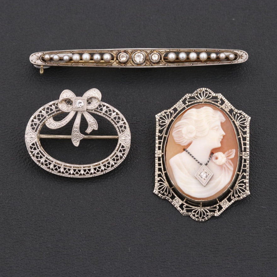 Vintage 14K, 18K Gold and Platinum Brooches Featuring Habillè Cameo and Diamonds