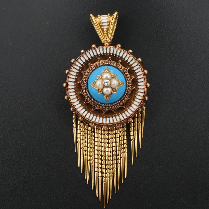 Victorian Etruscan Revival 18K Gold Seed Pearl, Diamond and Enamel Pendant