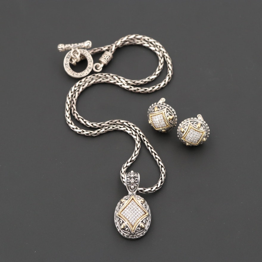 Effy Sterling Silver Diamond Necklace and Earring Set with 18K Gold Accents