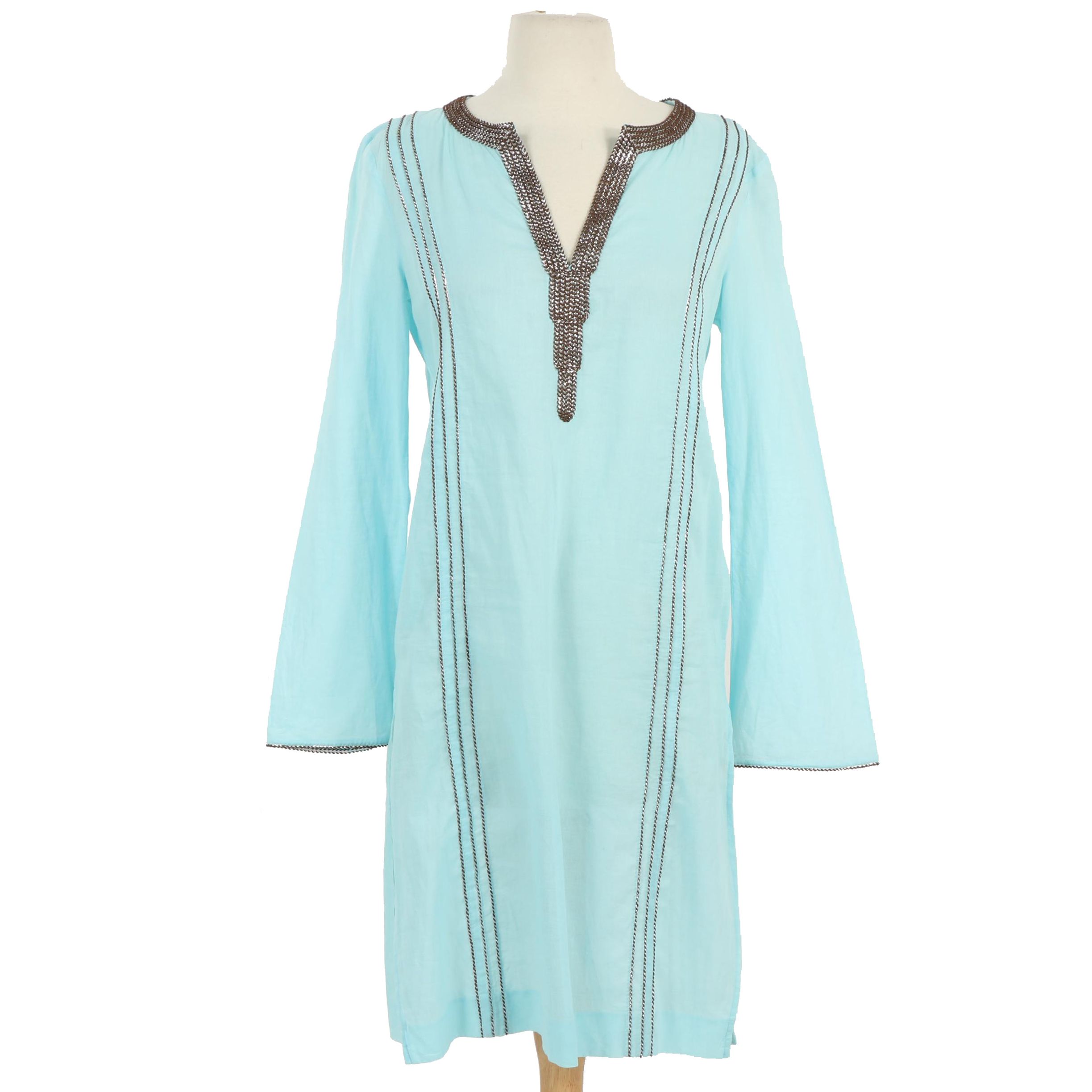 Tory Burch Embellished Blue Linen Tunic Dress