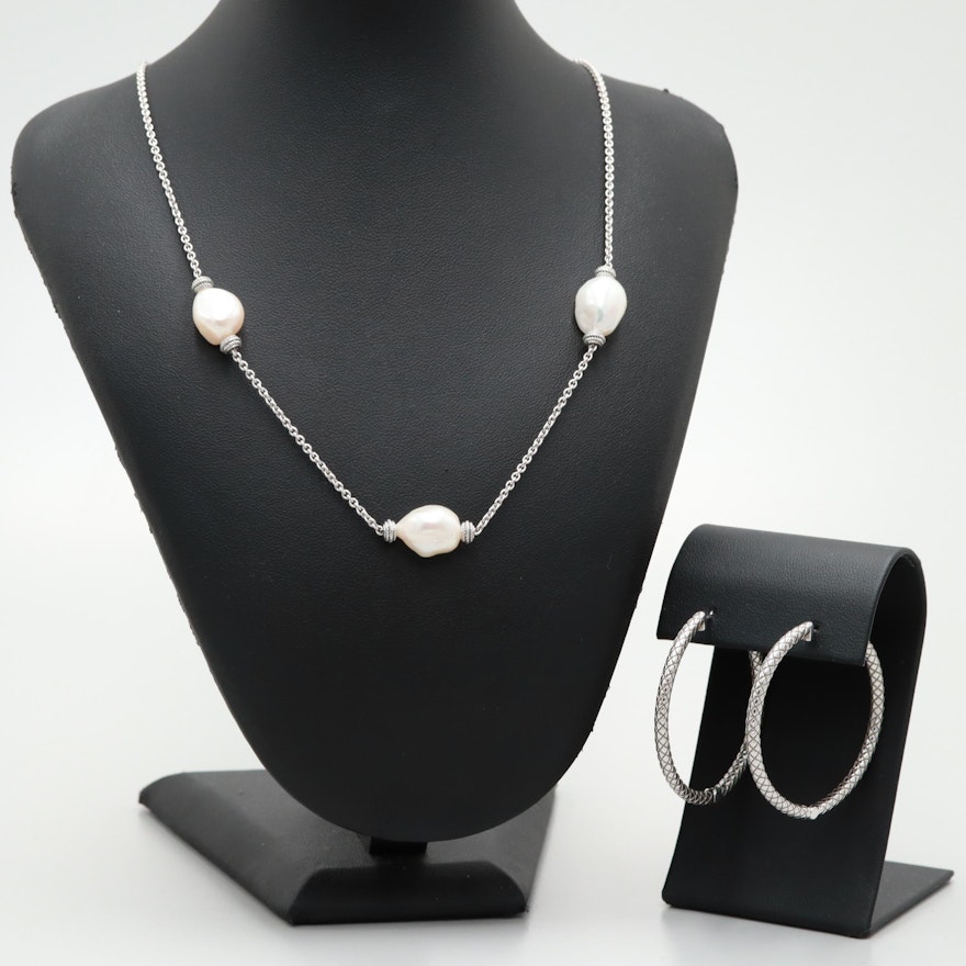 Sterling Silver Hoop Earrings and Leslie Greene Cultured Pearl Necklace Set