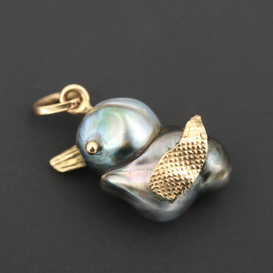 18K Yellow Gold Assembled Cultured Pearl Duck Pendant