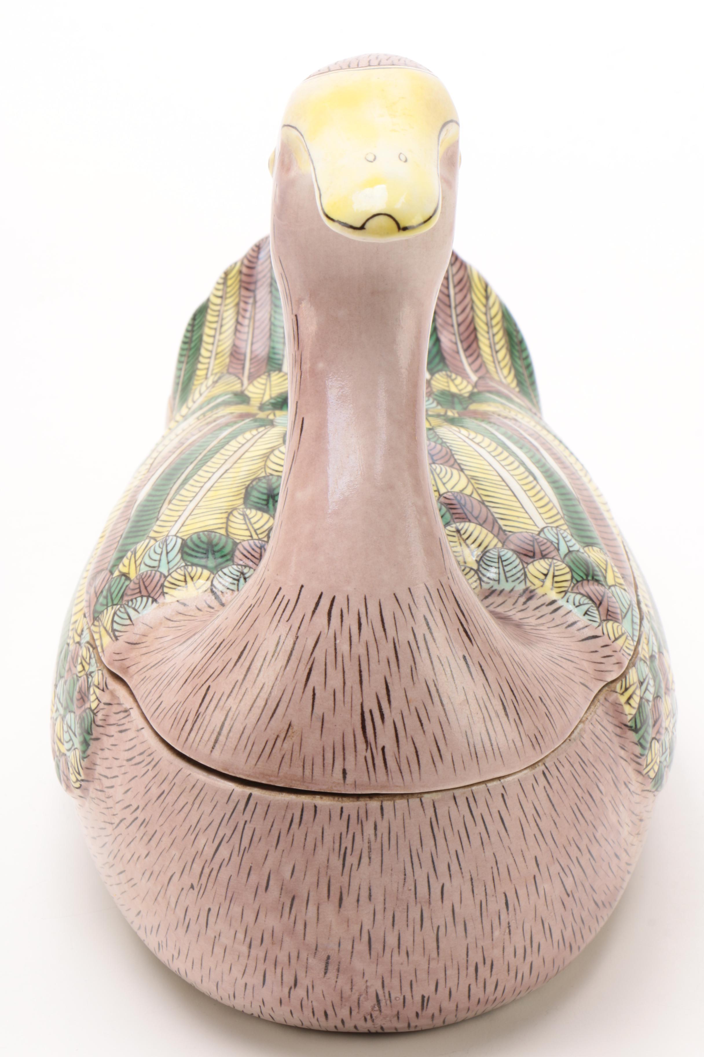Chinese Ceramic Goose Covered Dish