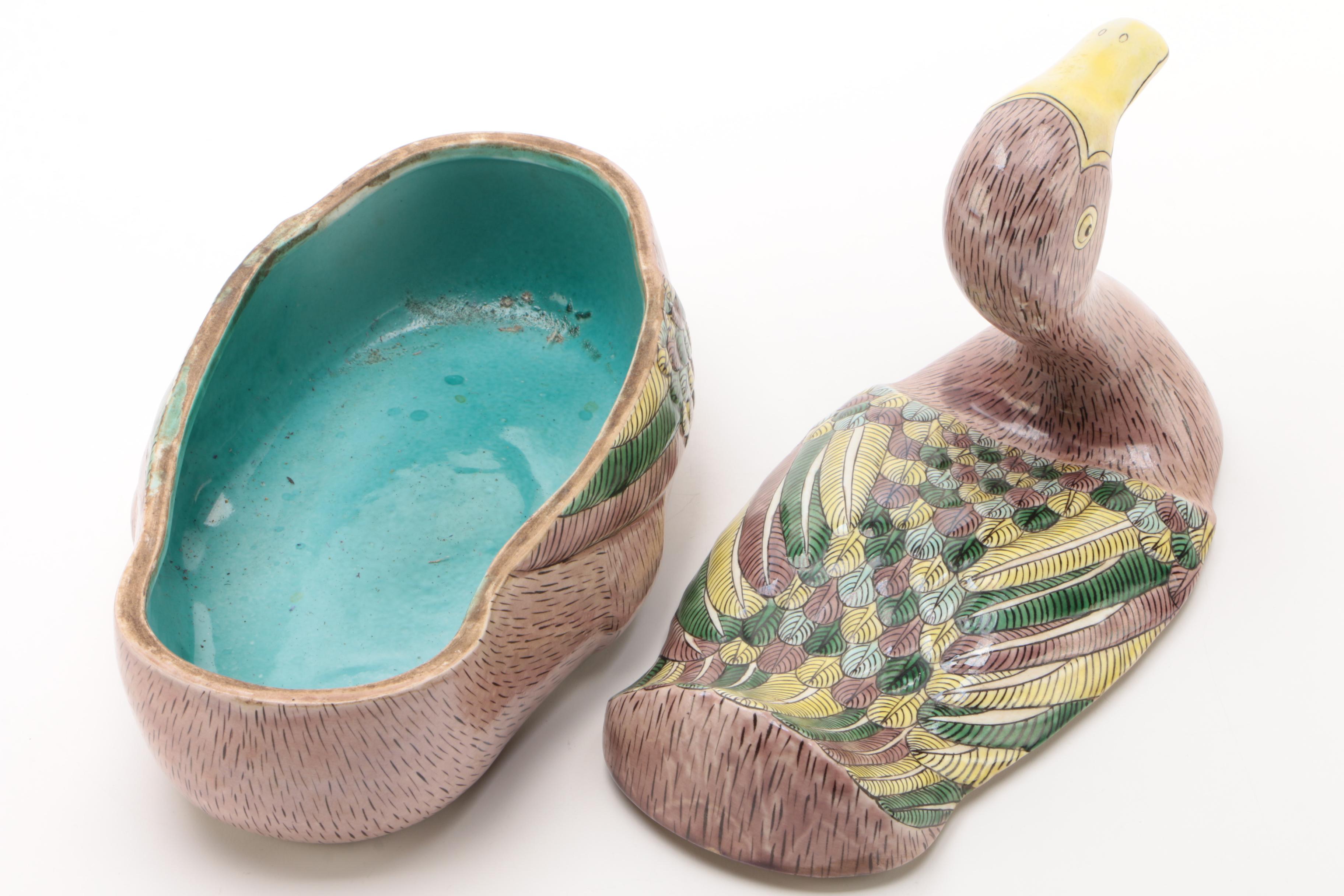 Chinese Ceramic Goose Covered Dish