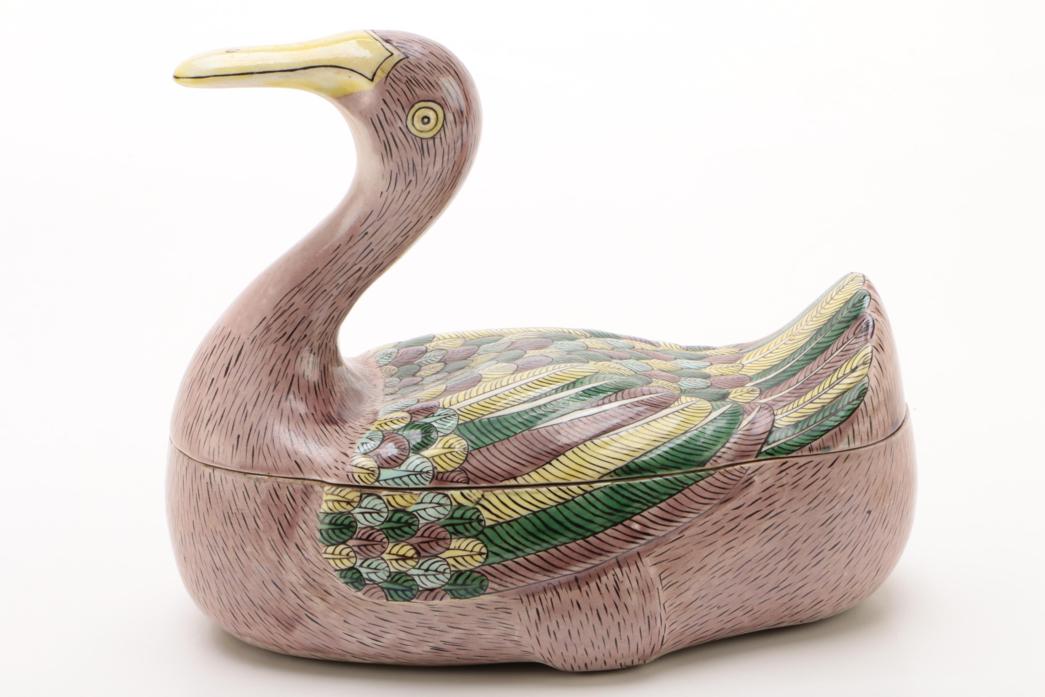 Chinese Ceramic Goose Covered Dish