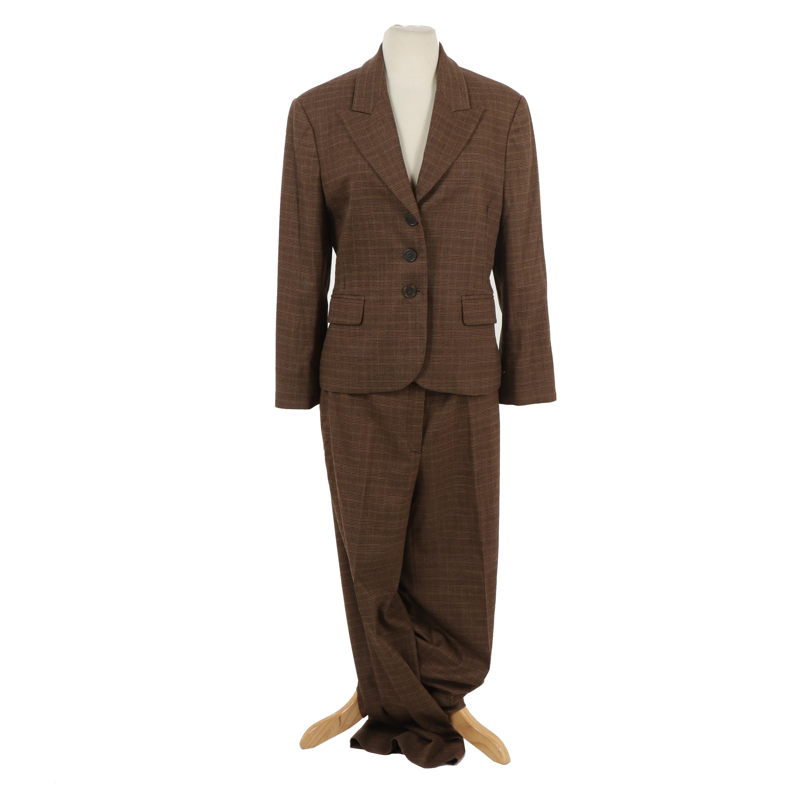 Michael Kors Brown Wool Houndstooth Plaid Pantsuit