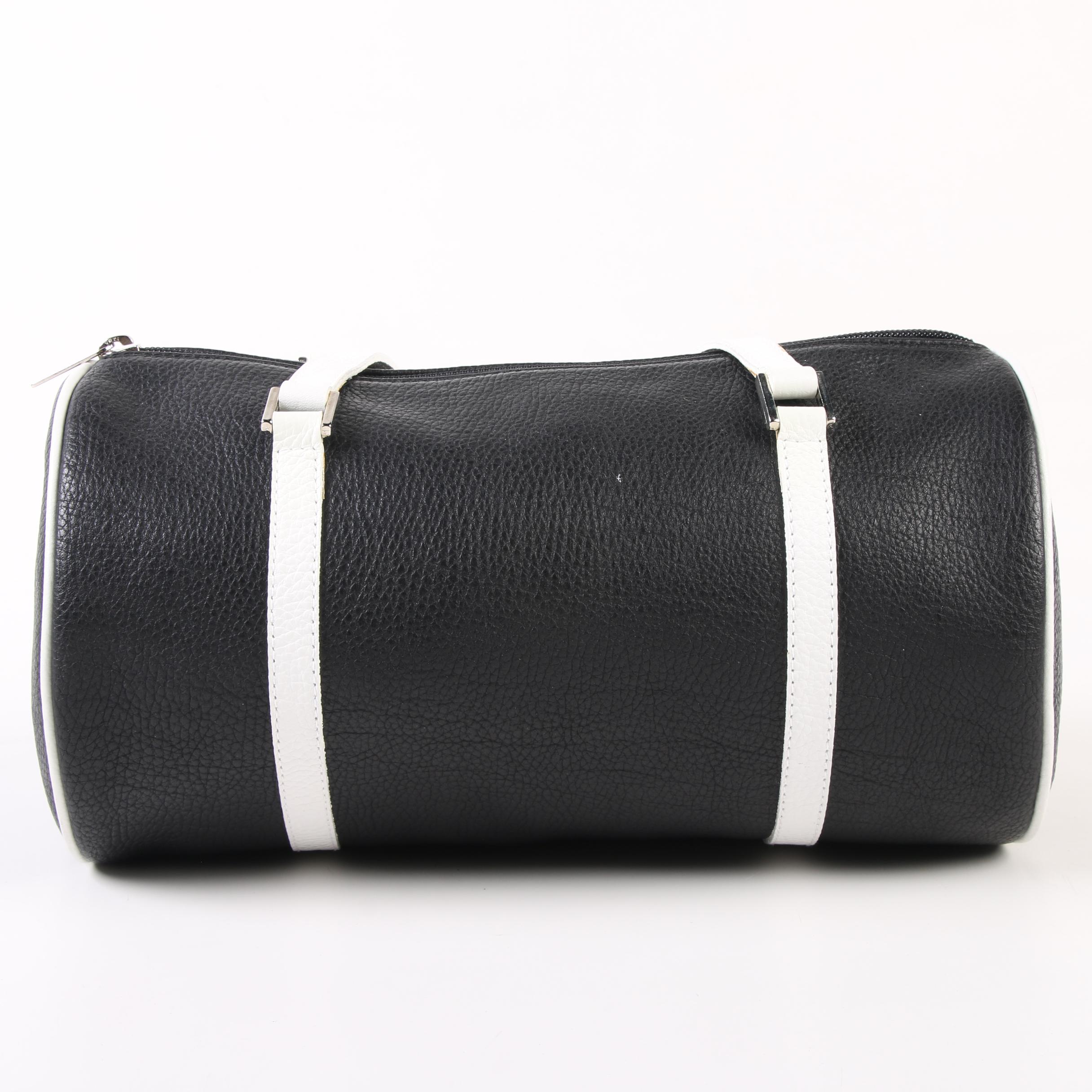 Tanner Barrel Bag in Black Pebbled Leather with White Leather Straps