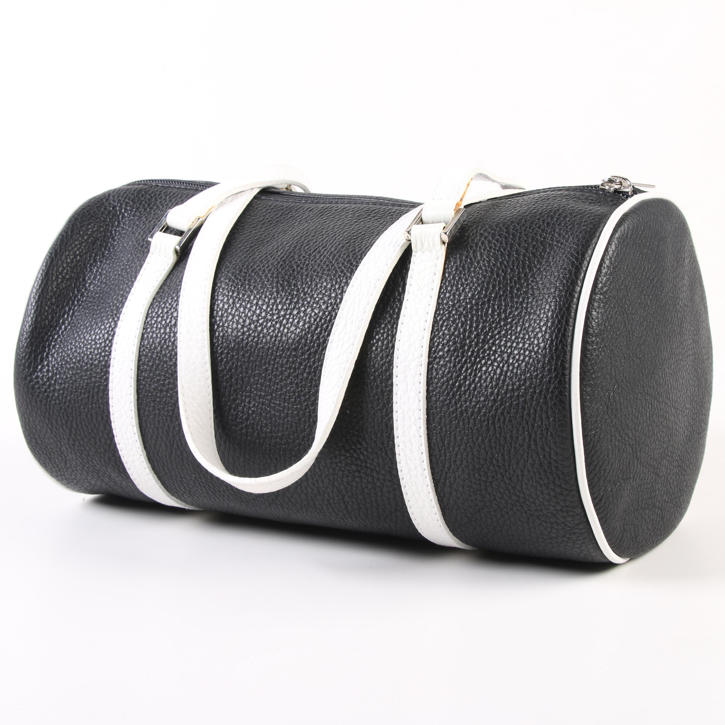 Tanner Barrel Bag in Black Pebbled Leather with White Leather Straps