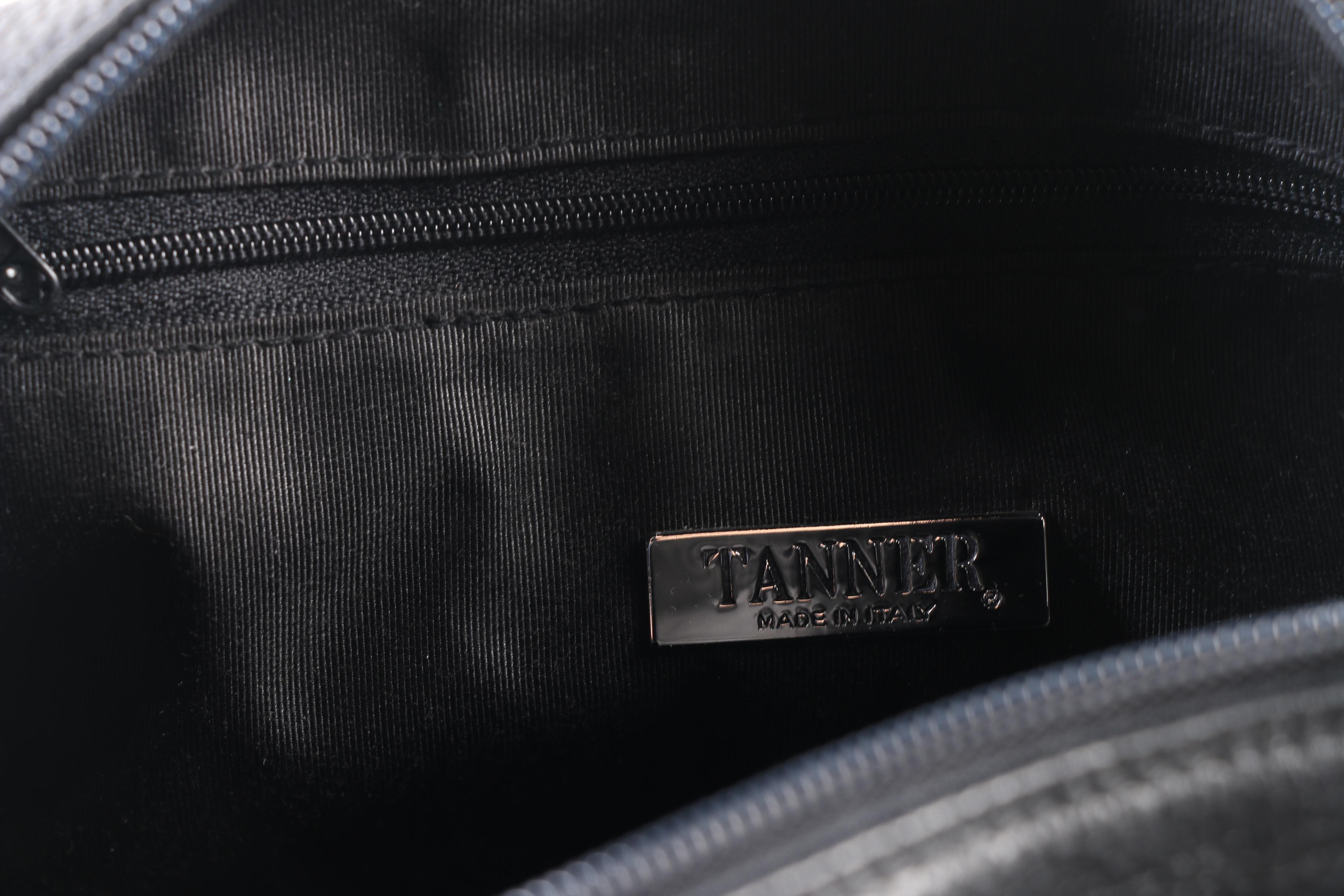 Tanner Barrel Bag in Black Pebbled Leather with White Leather Straps