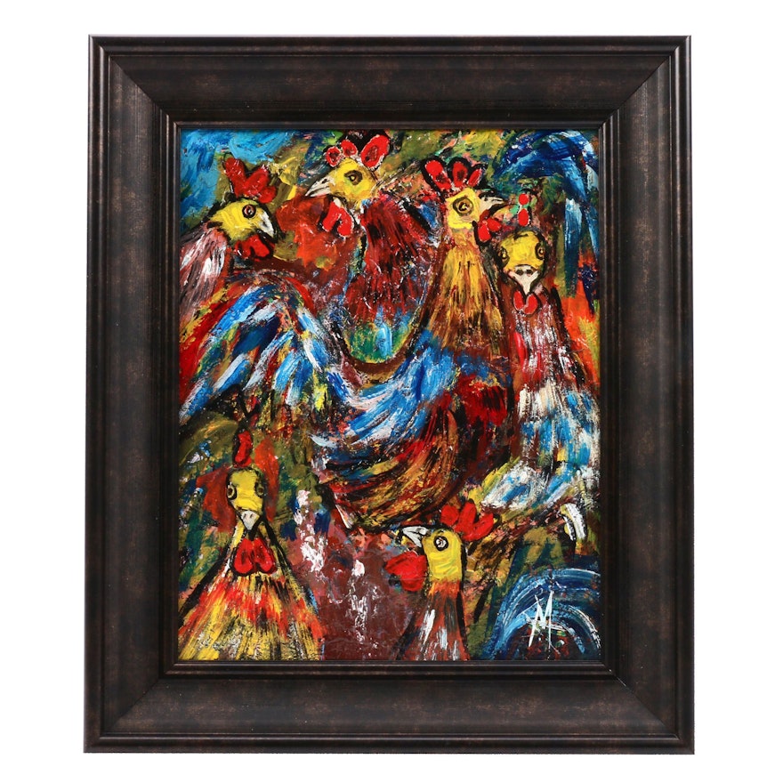 G. Garreros Acrylic Painting "Los Gallos (The Roosters)"