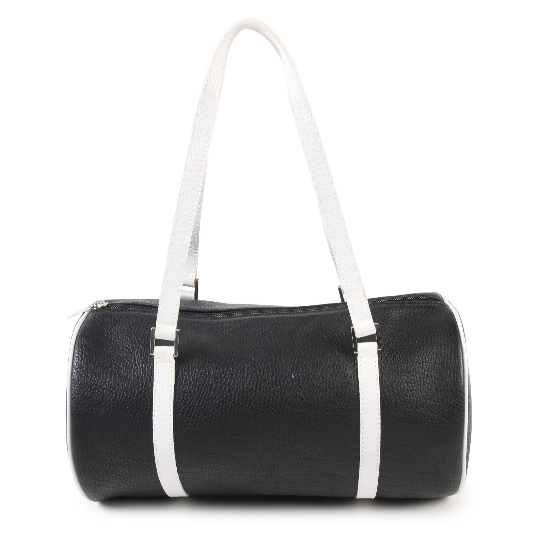 Tanner Barrel Bag in Black Pebbled Leather with White Leather Straps