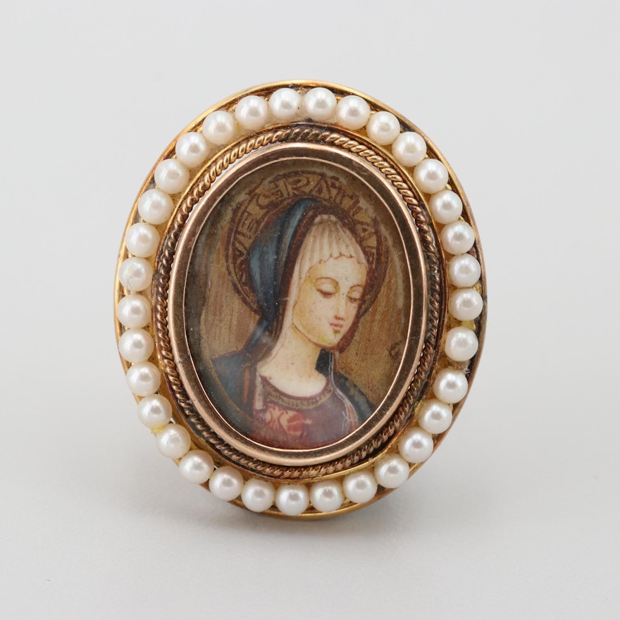 Vintage 14K Gold Bone and Cultured Pearl Religious Portrait Converter Brooch