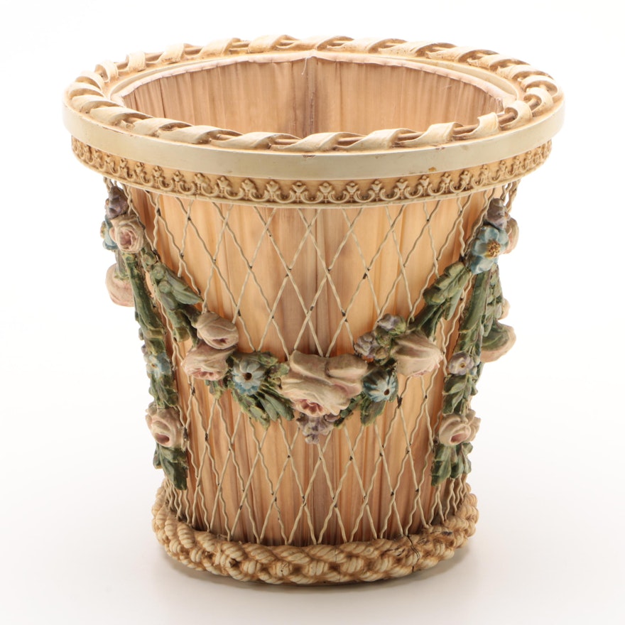 Polychrome Wood and Wire Waste Basket