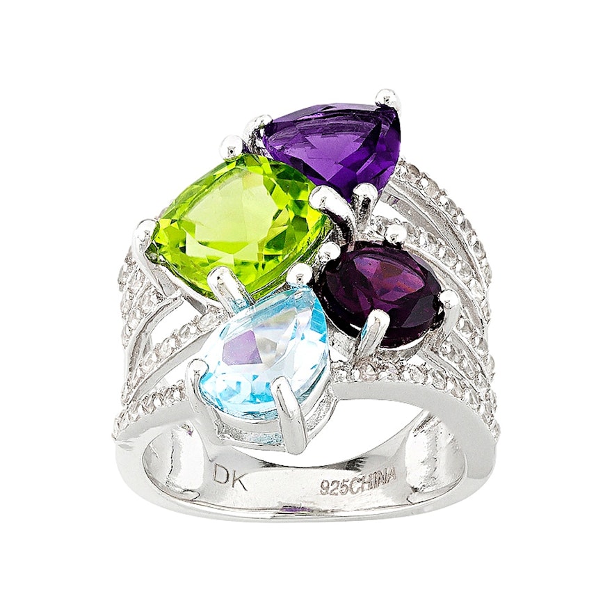 Sterling Silver Topaz, Peridot, Amethyst, Rhodolite and Zircon Ring