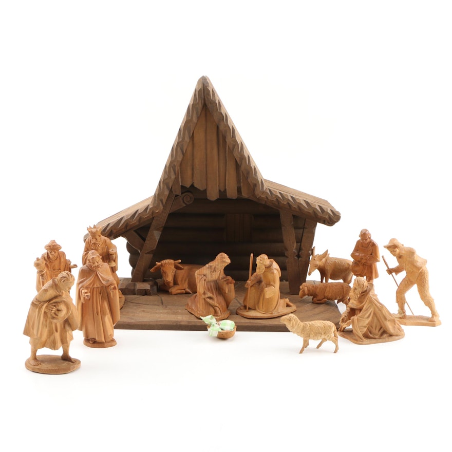 Karl Storr Carved Wooden Nativity Scene Figures with Wooden Stable