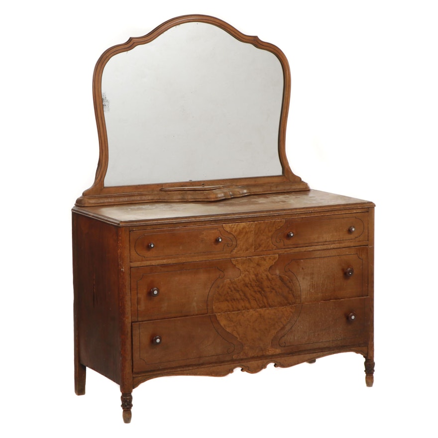 Transitional Walnut and Wooden Dresser with Mirror, 1930s