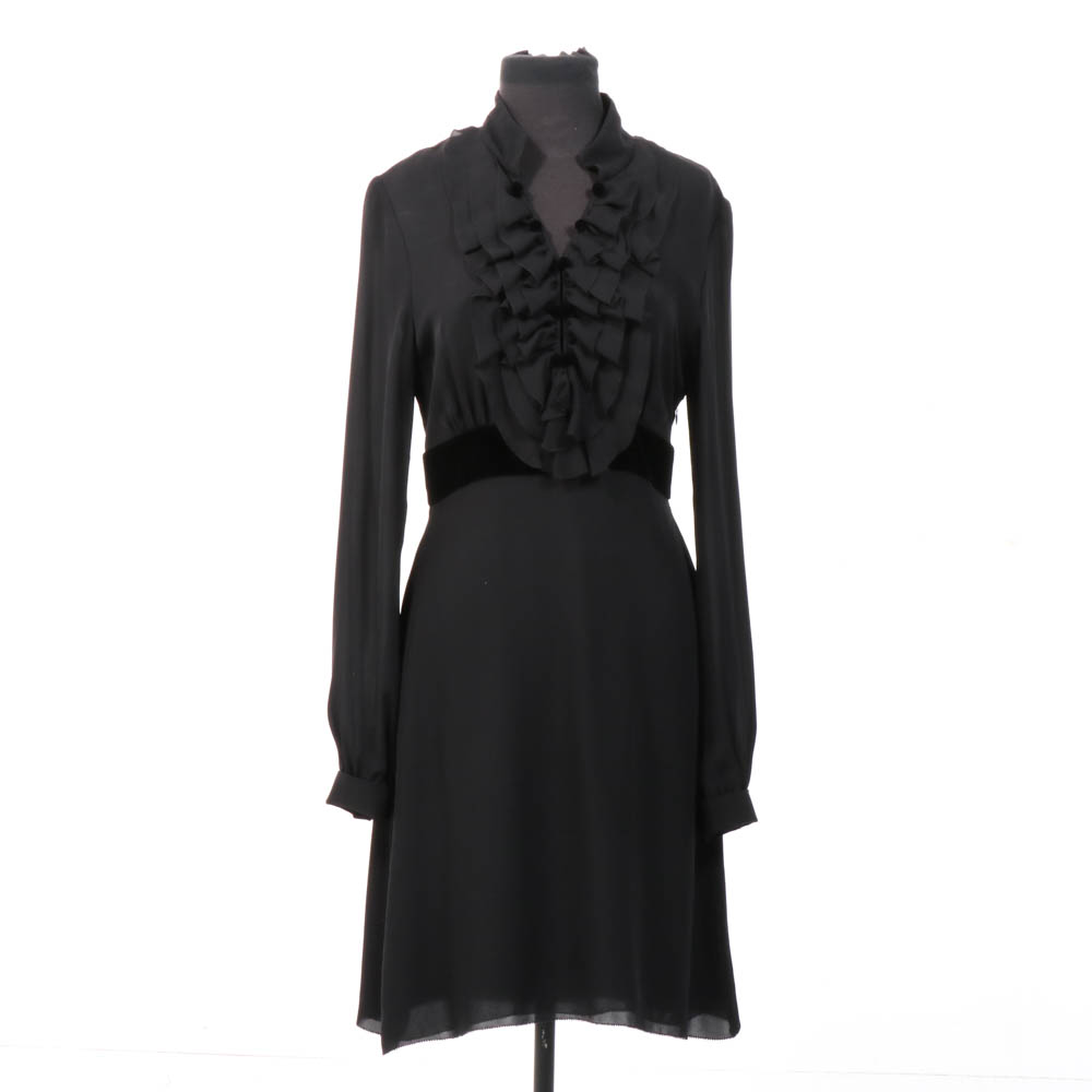Tory Burch Black Silk Ruffled Long Sleeve Dress