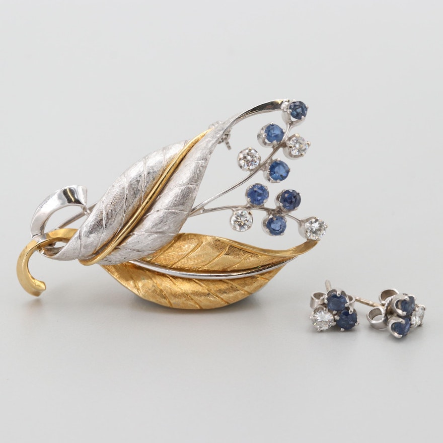 18K Gold Diamond and Sapphire Brooch with Matching Platinum Stud Earrings