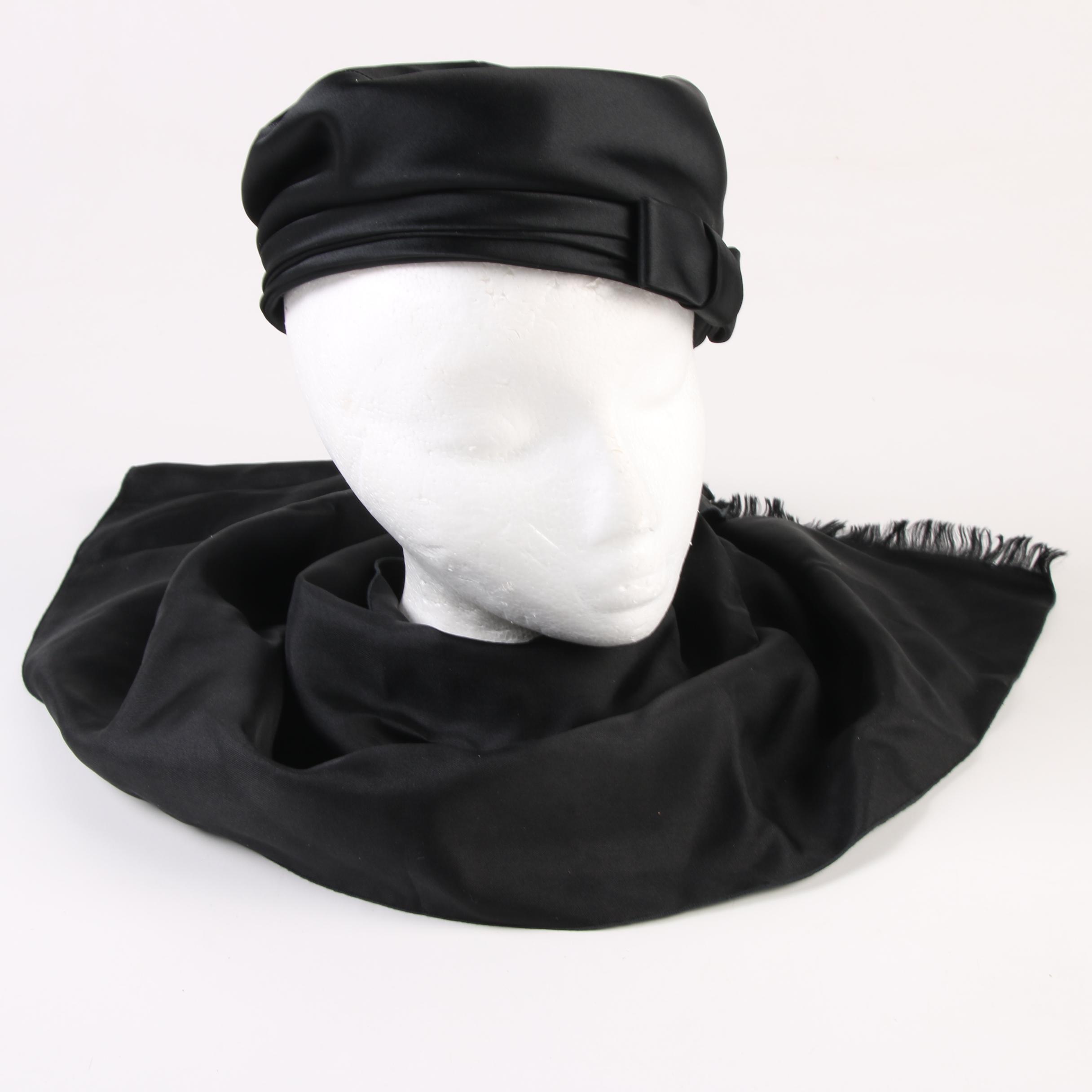Chapeaux Paris Chicago Satin Pillbox Hat and Bonwit Teller Silk Scarf, 1950s