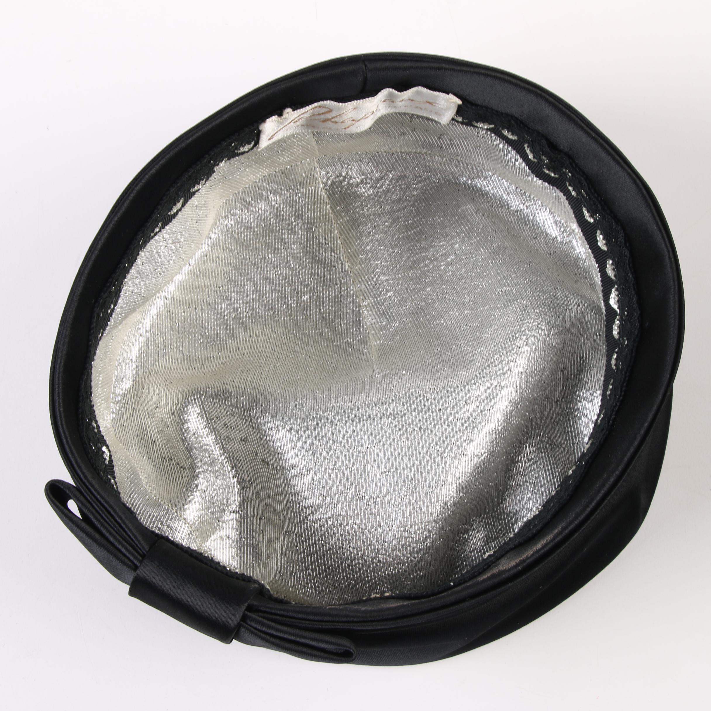 Chapeaux Paris Chicago Satin Pillbox Hat and Bonwit Teller Silk Scarf, 1950s