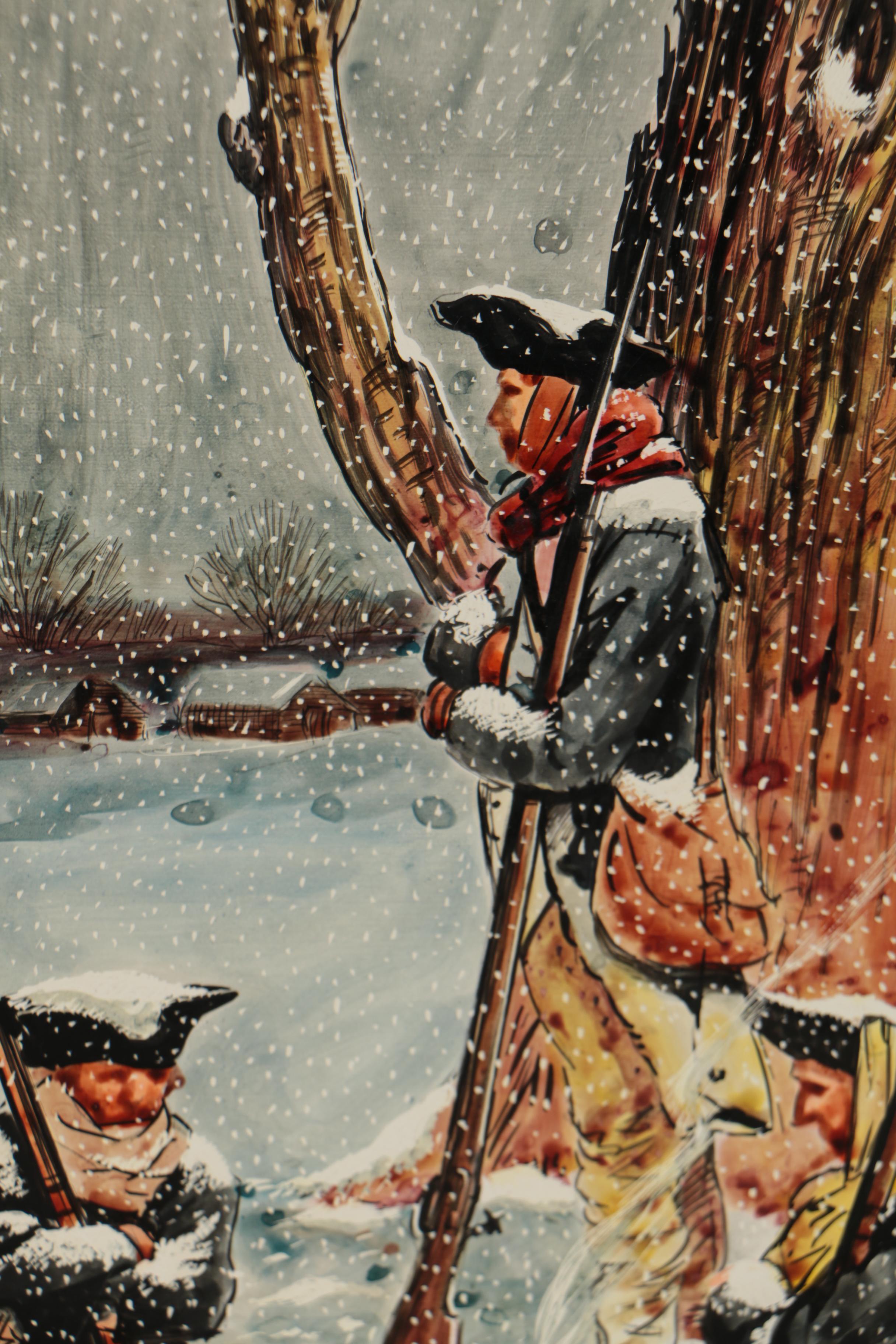 Mid 20th Century Oil Illustration of Winter Warfare Scene