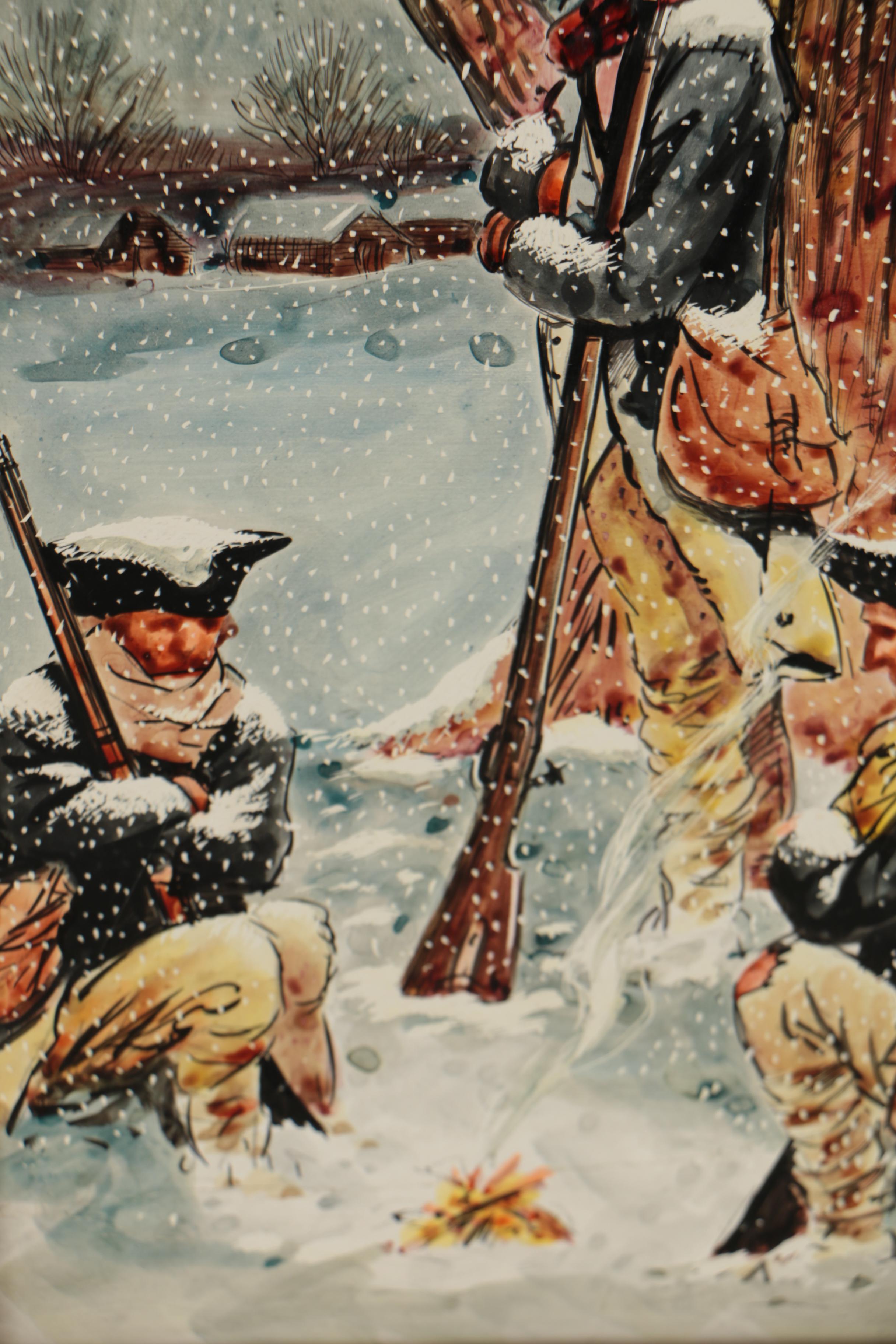 Mid 20th Century Oil Illustration of Winter Warfare Scene
