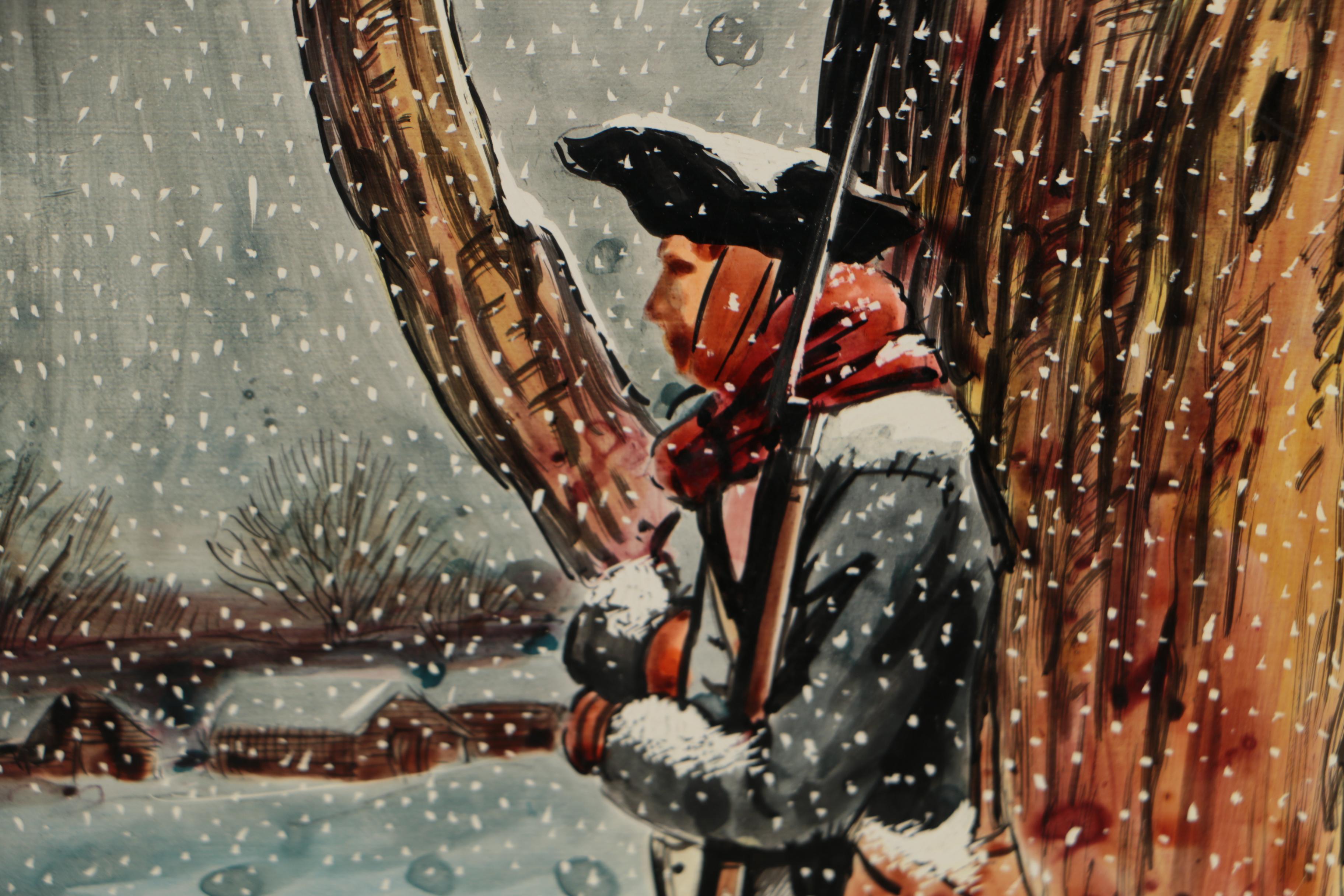 Mid 20th Century Oil Illustration of Winter Warfare Scene