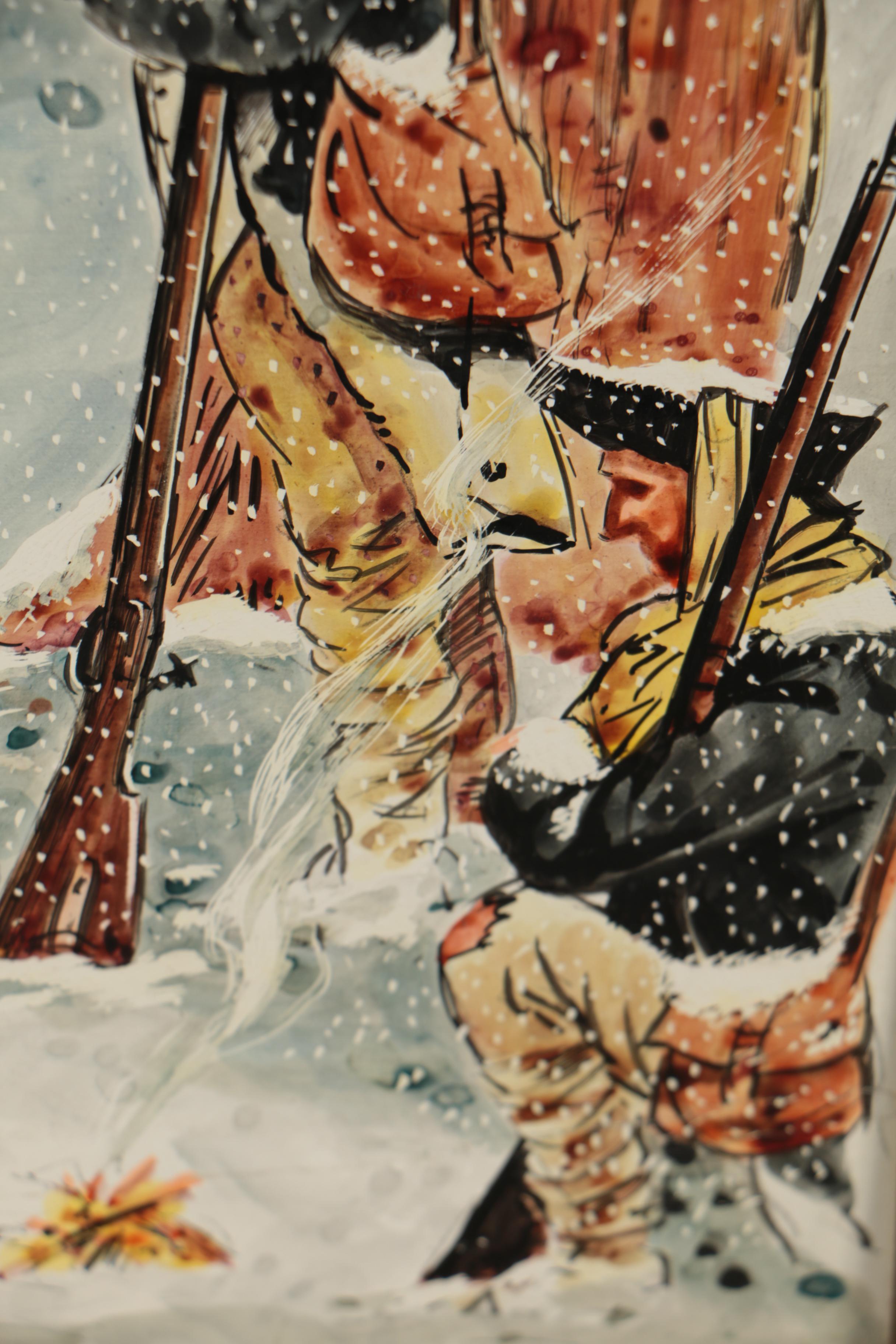 Mid 20th Century Oil Illustration of Winter Warfare Scene