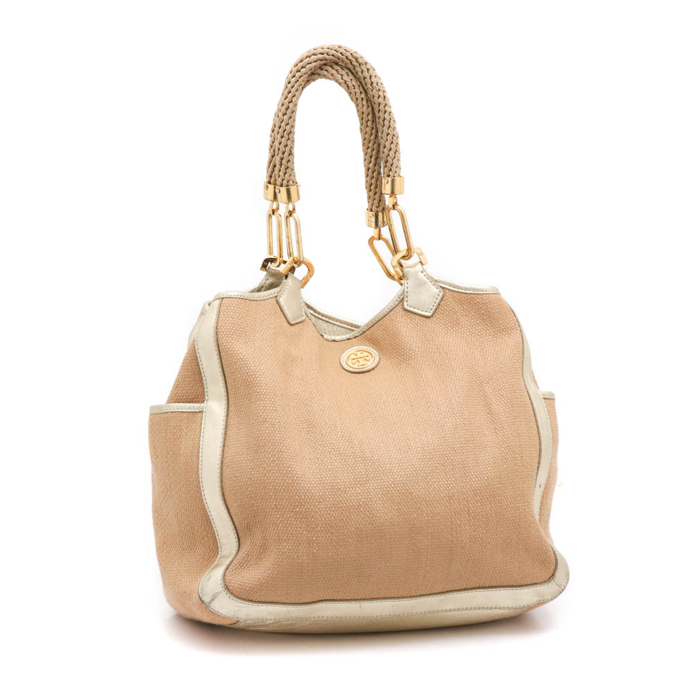 Tory Burch Blush Channing Straw Tote with Gold Metalic Leather Trim