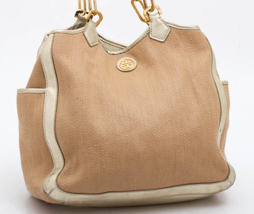 Tory Burch Blush Channing Straw Tote with Gold Metalic Leather Trim