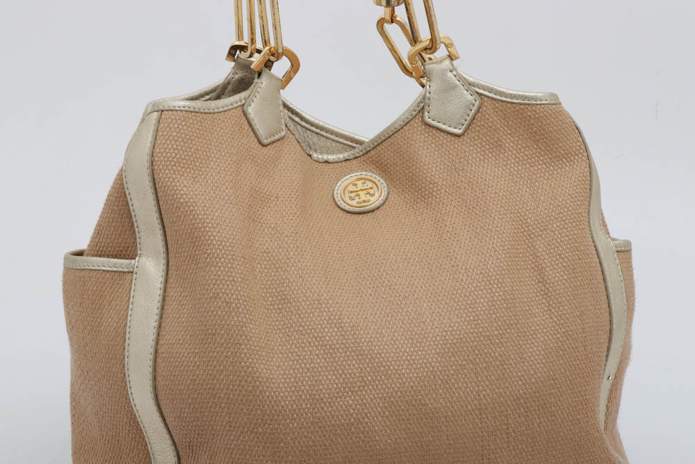 Tory Burch Blush Channing Straw Tote with Gold Metalic Leather Trim