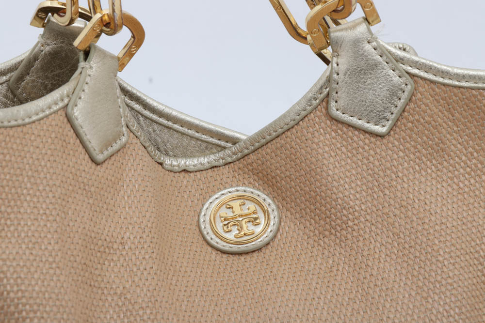 Tory Burch Blush Channing Straw Tote with Gold Metalic Leather Trim