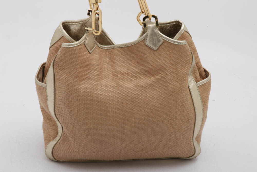 Tory Burch Blush Channing Straw Tote with Gold Metalic Leather Trim