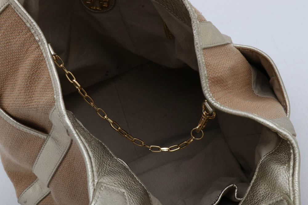 Tory Burch Blush Channing Straw Tote with Gold Metalic Leather Trim