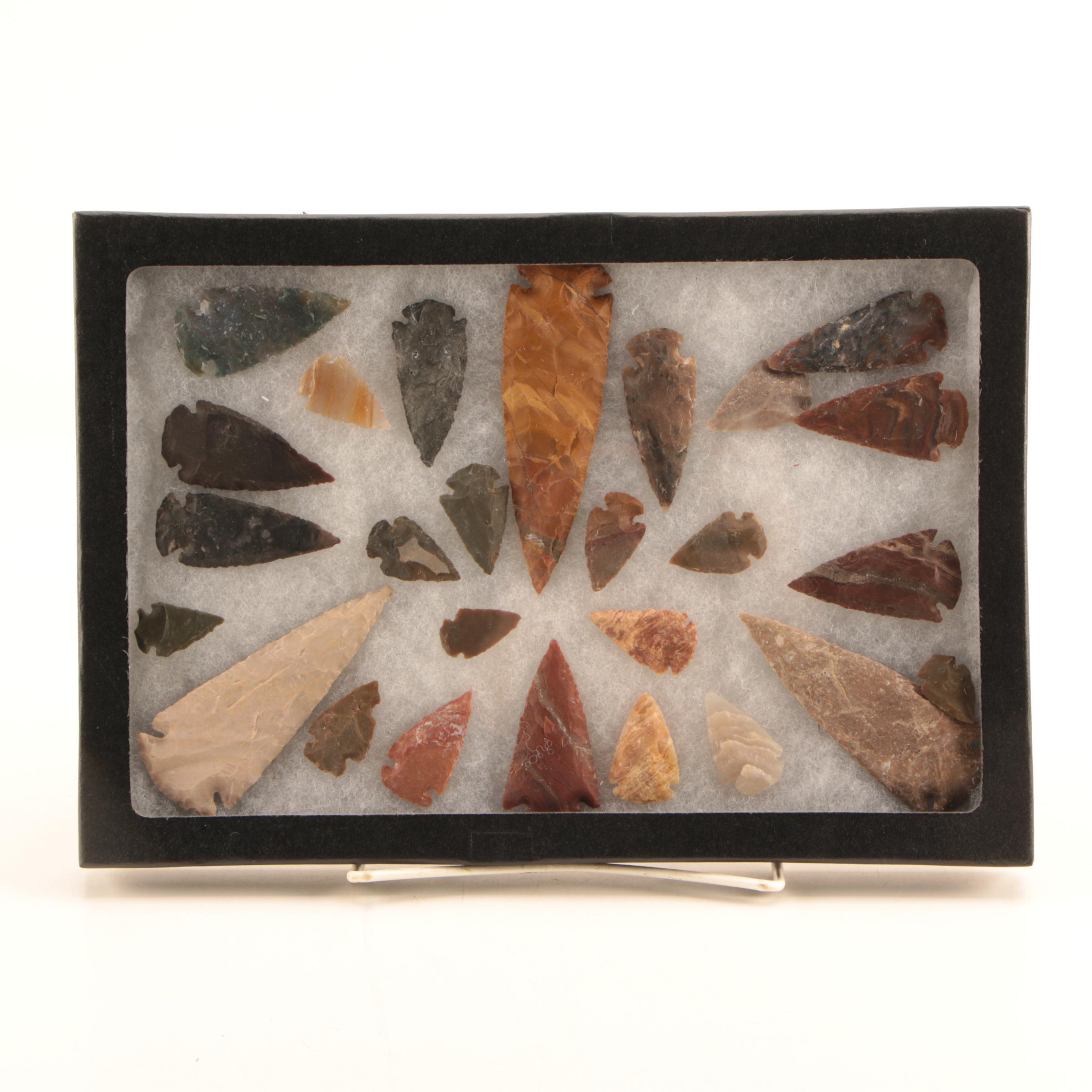 Twenty Six Contemporary Style Arrowheads With Glass Display Box