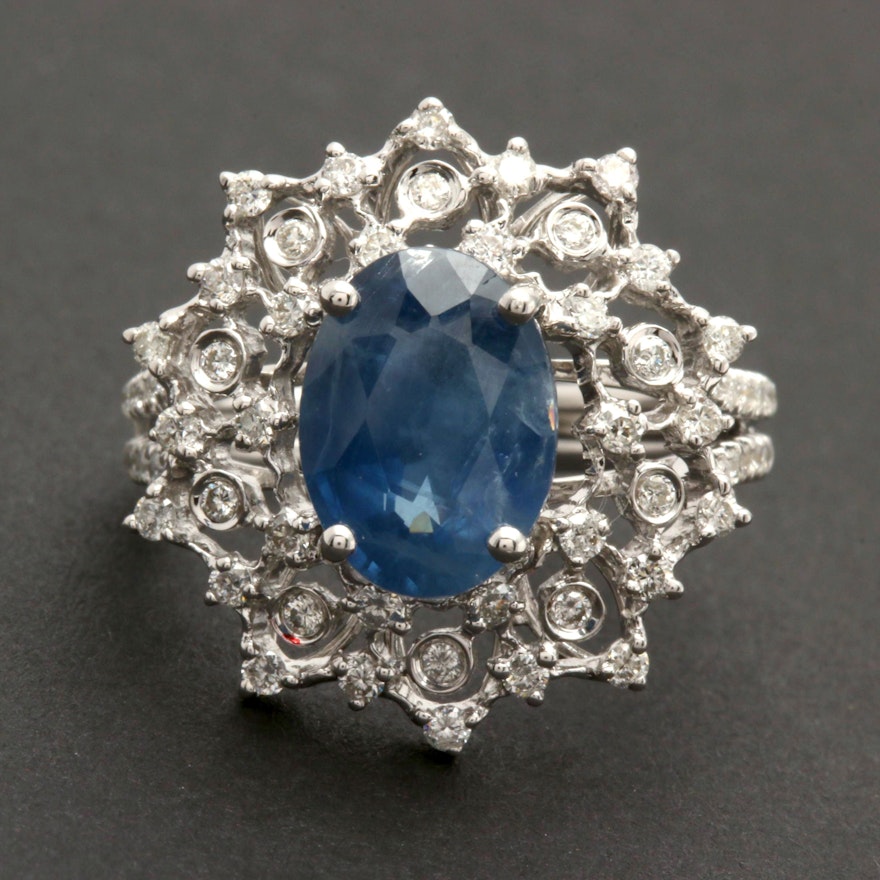 M. Christoff 18K White Gold 3.66 CT Unheated Blue Sapphire and Diamond Ring