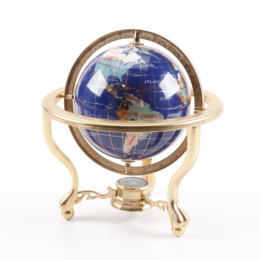 Mixed Mineral and Stone Desk Globe in Brushed Metal Base with Compass