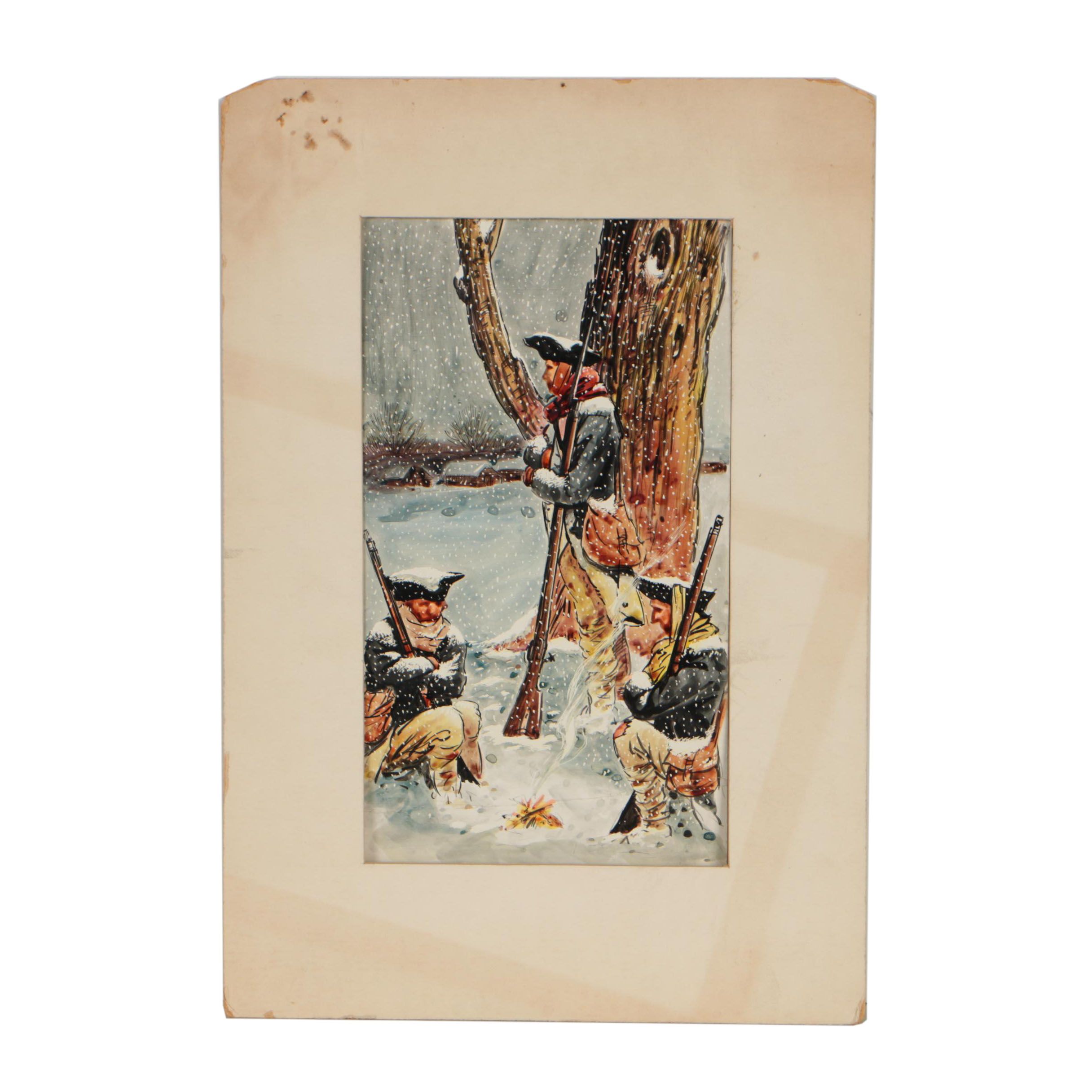 Mid 20th Century Oil Illustration of Winter Warfare Scene