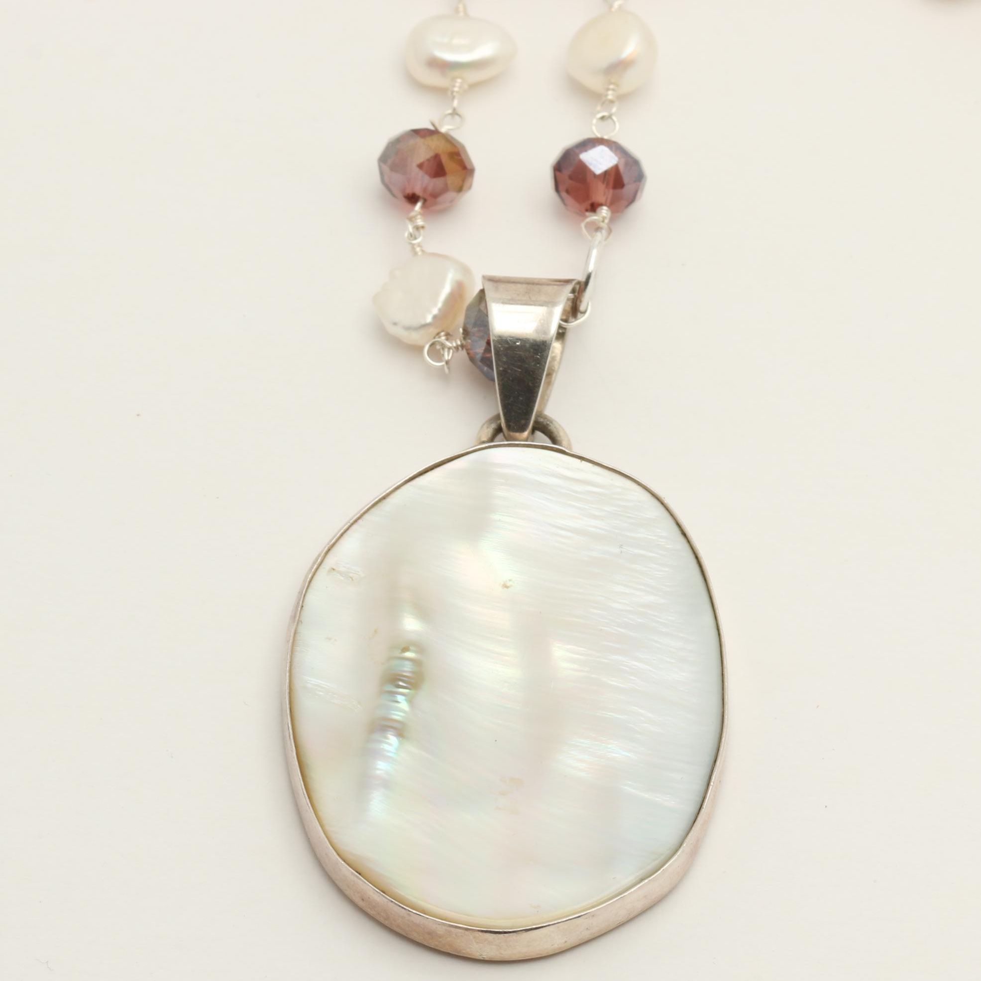 Obsidian Sterling Silver Mother of Pearl, Stone, Pearl, and Glass Bead Necklace