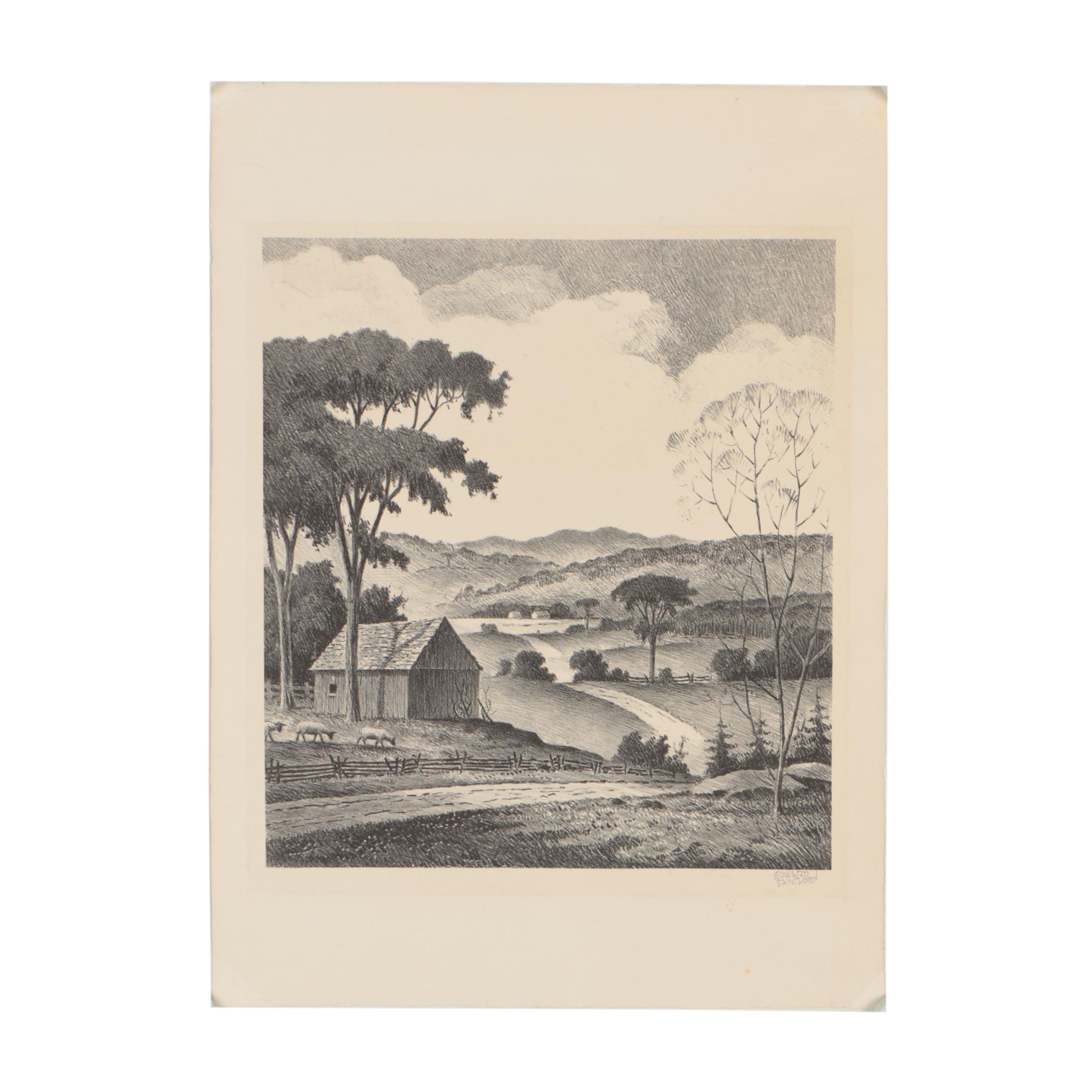 Edward Sanborn Lithograph of Rural Landscape
