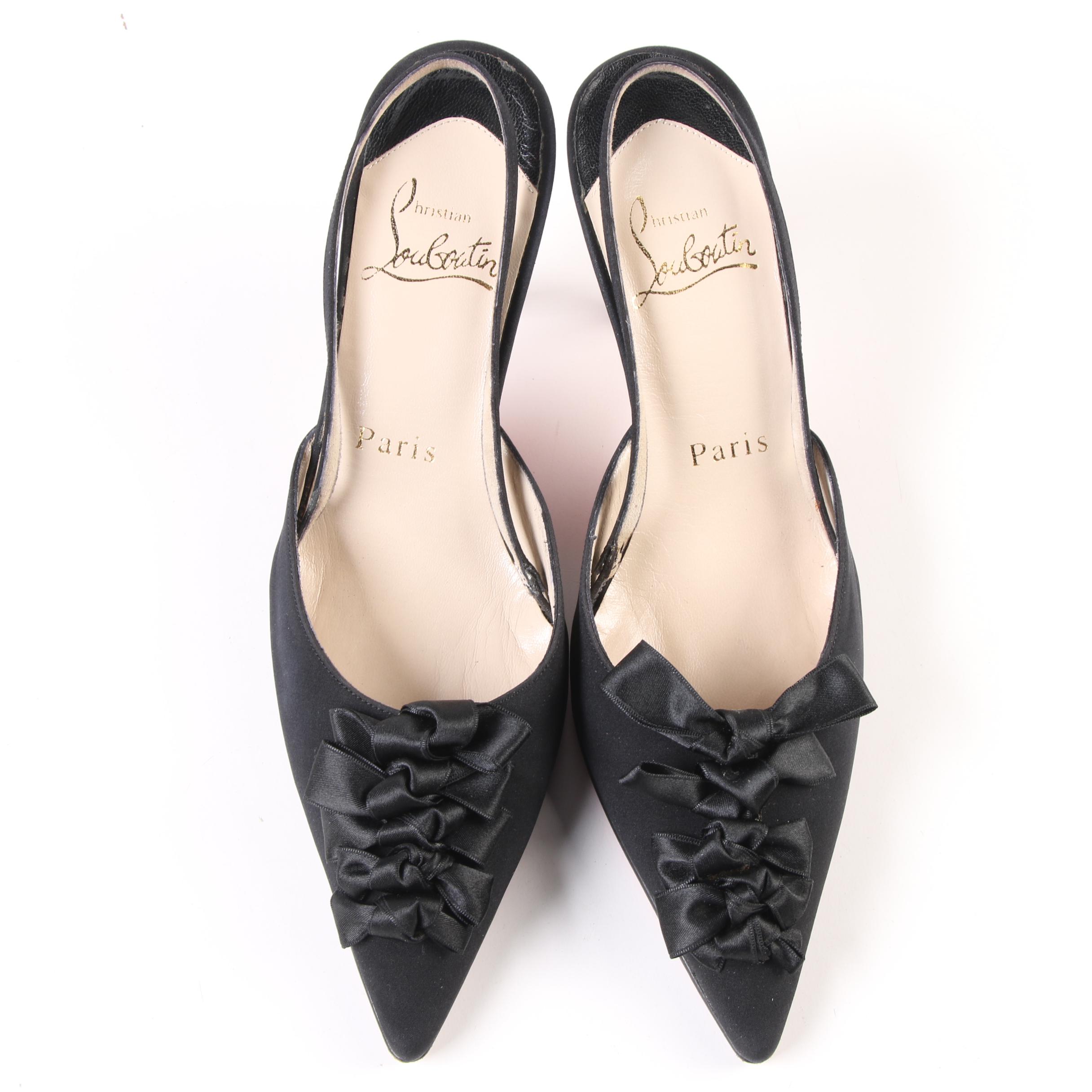 Christian Louboutin Paris Slingback Bow Heels in Black Crepe Satin