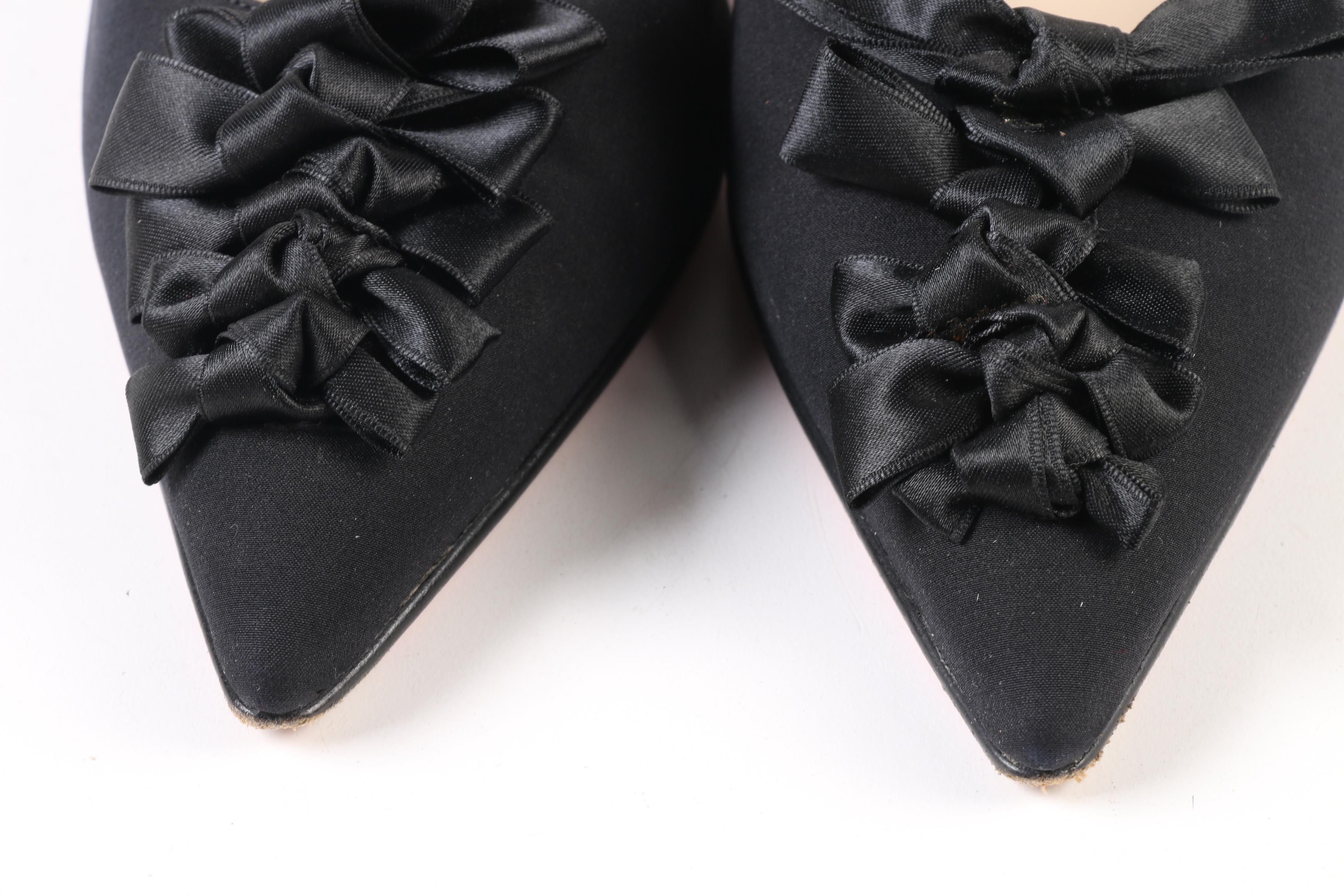 Christian Louboutin Paris Slingback Bow Heels in Black Crepe Satin