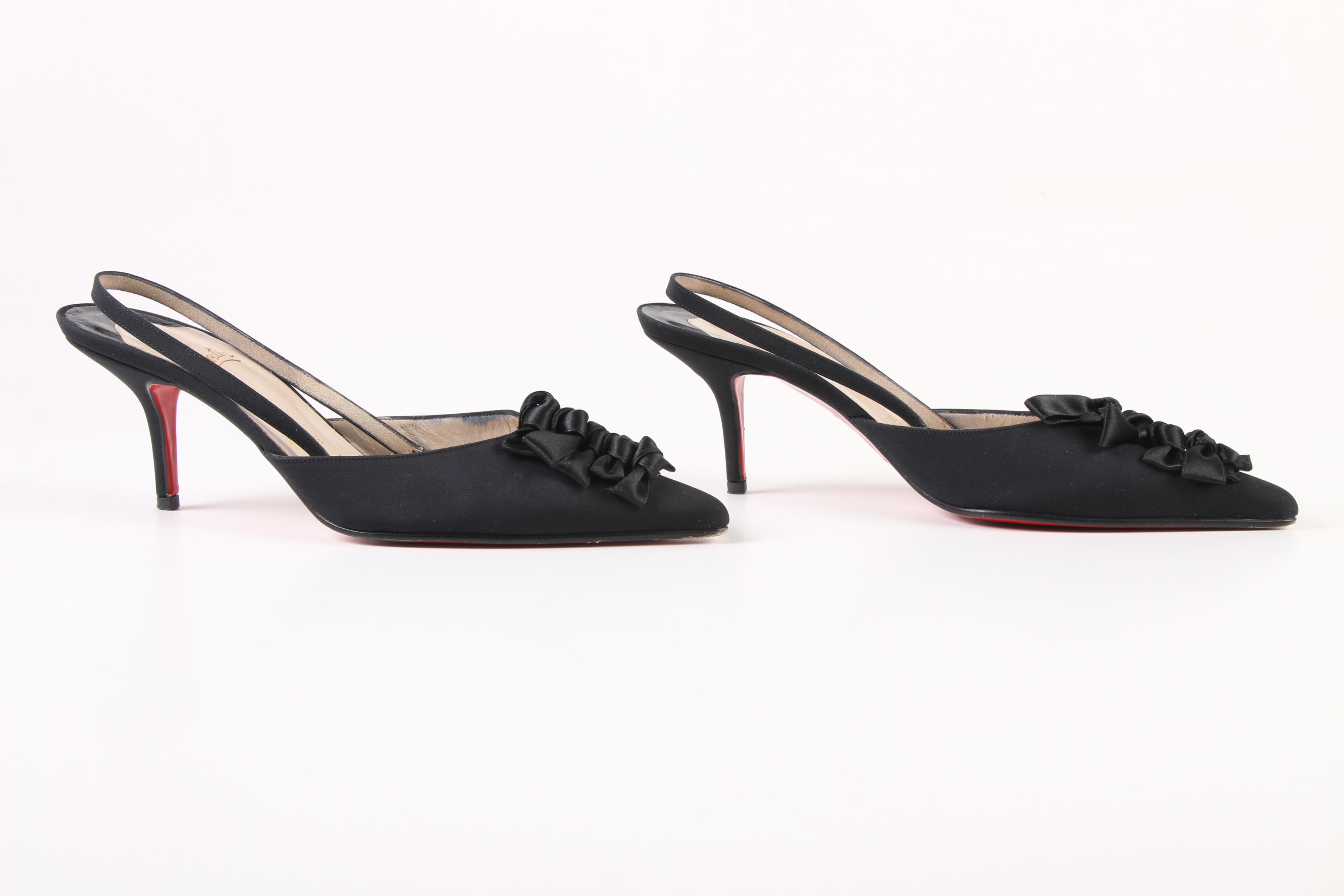 Christian Louboutin Paris Slingback Bow Heels in Black Crepe Satin