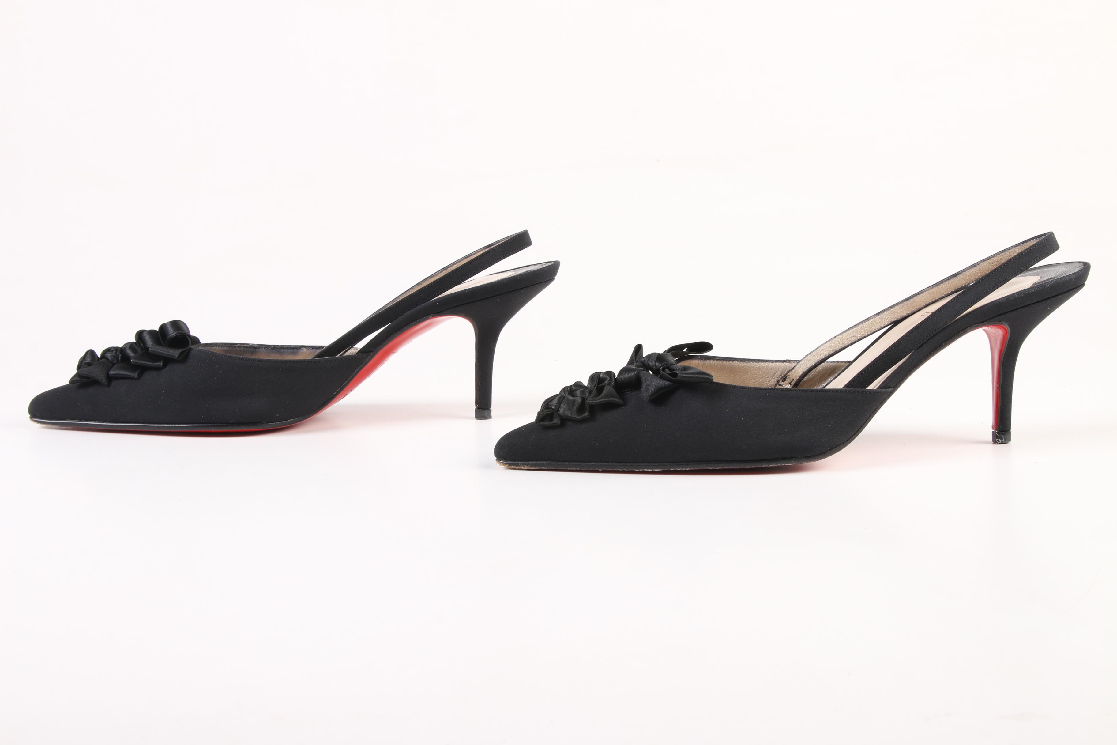 Christian Louboutin Paris Slingback Bow Heels in Black Crepe Satin