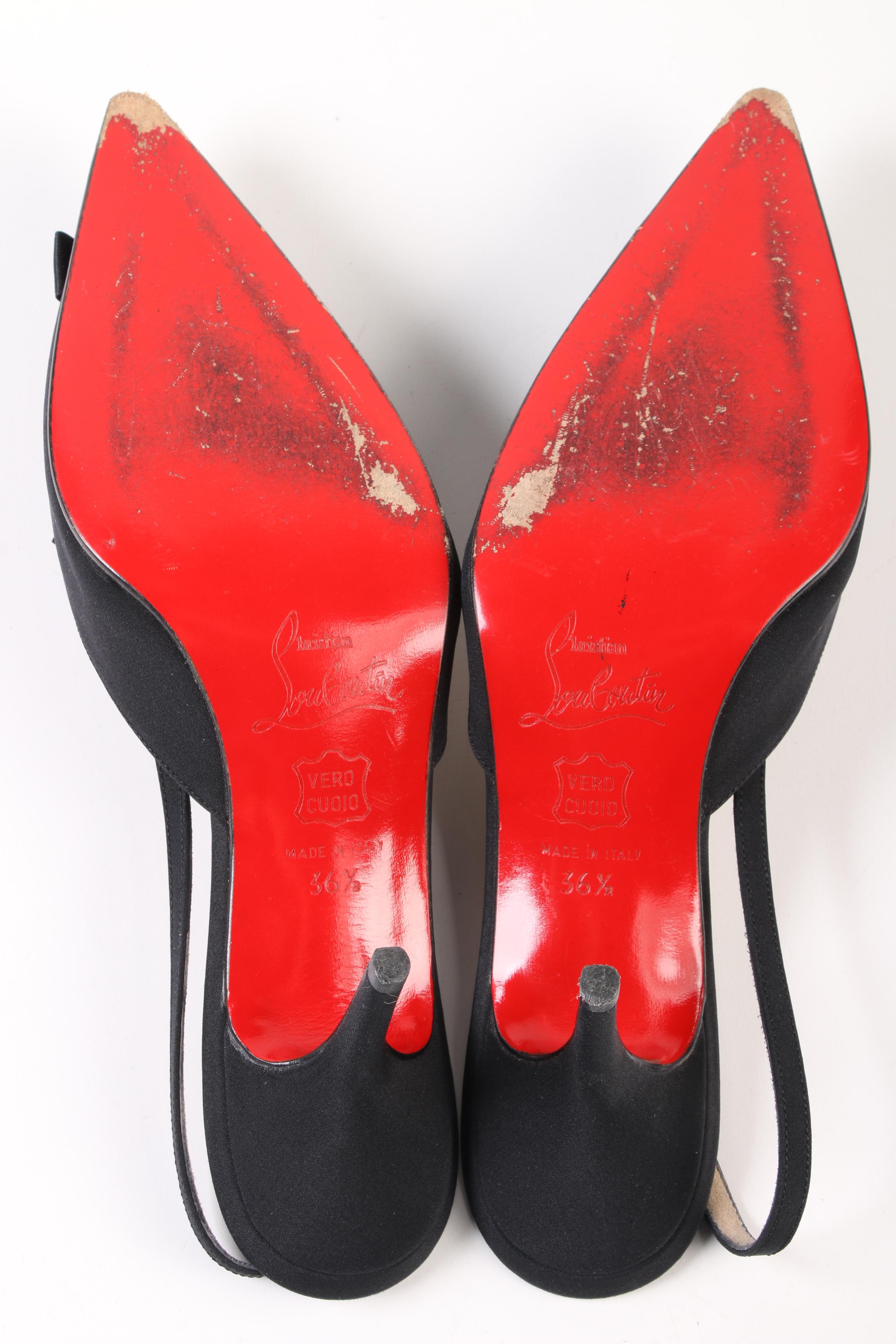 Christian Louboutin Paris Slingback Bow Heels in Black Crepe Satin