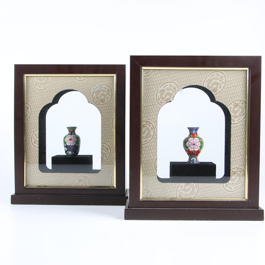 Miniature Chinese Cloissoné Vases in Shadowbox Frames