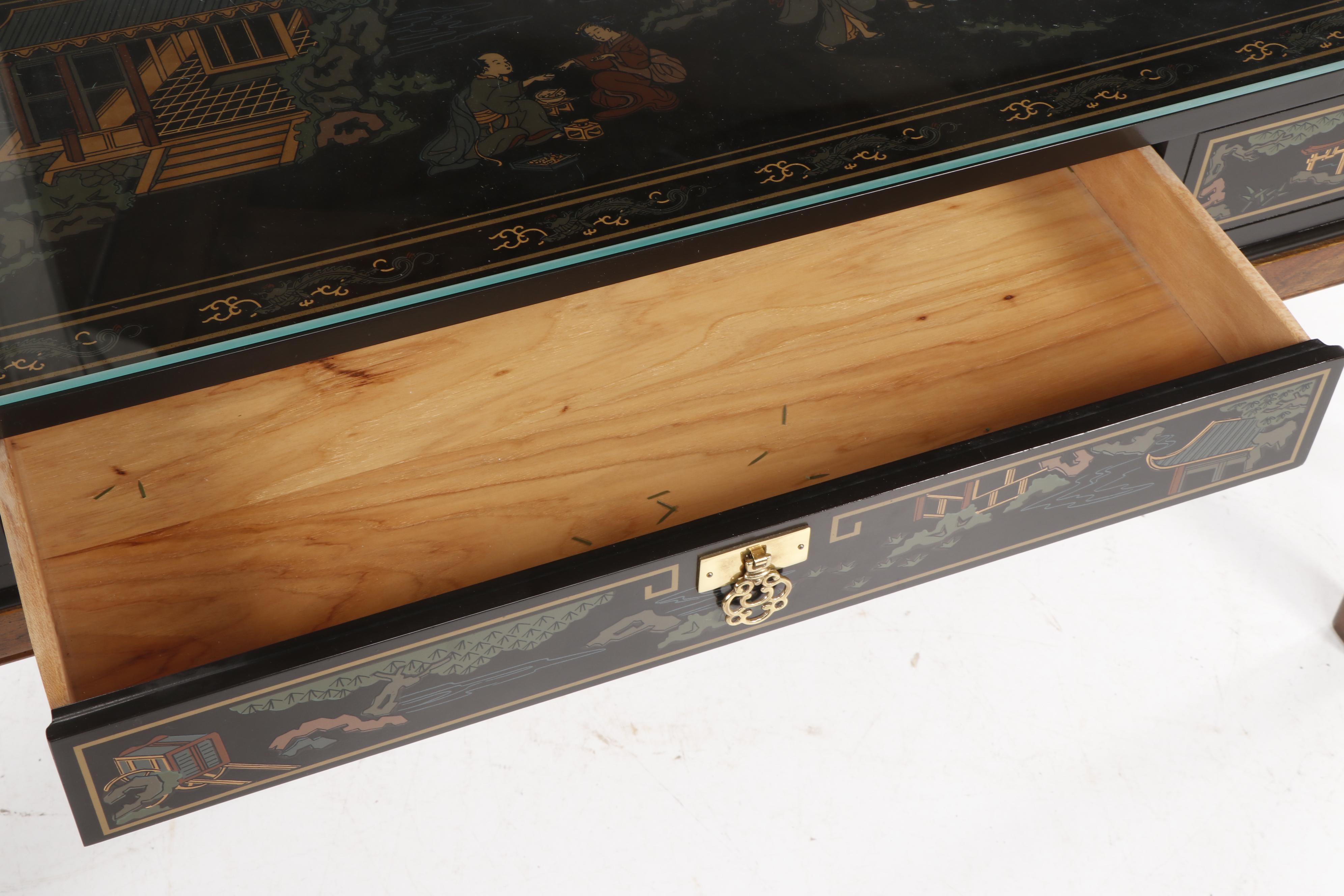 Chinoiserie Drexel Wooden Console Table and Pair of Stools on Casters