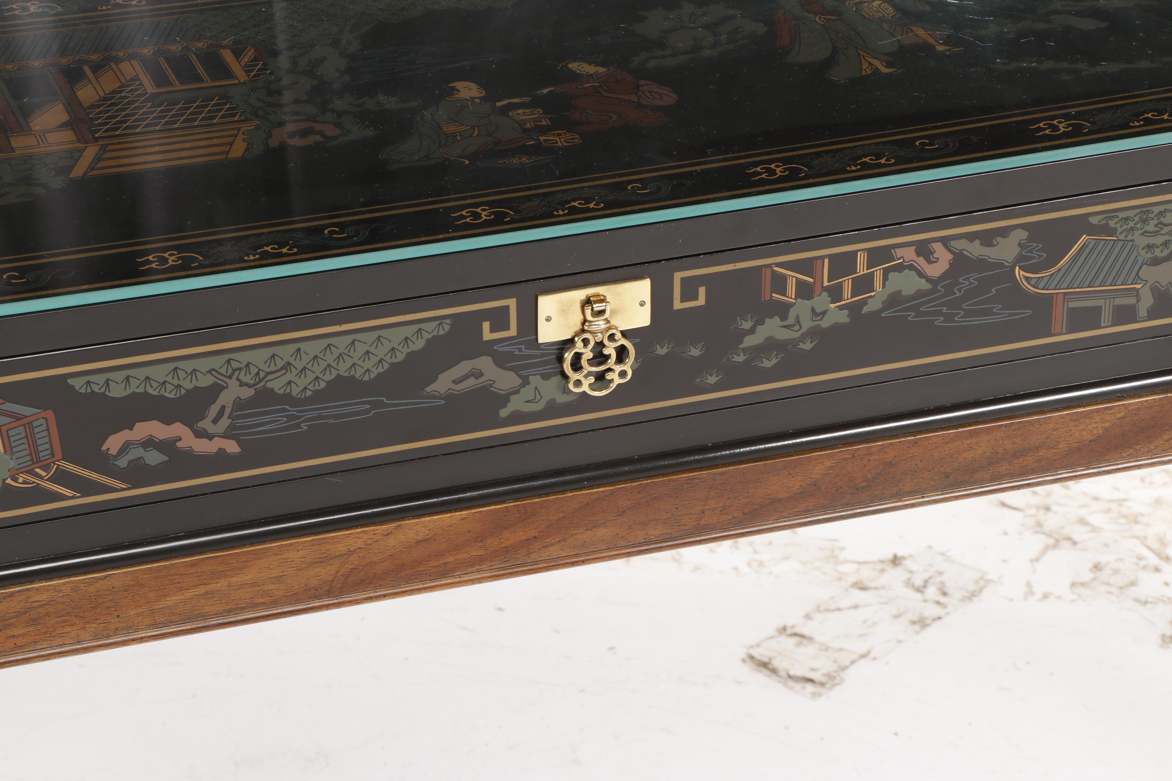 Chinoiserie Drexel Wooden Console Table and Pair of Stools on Casters